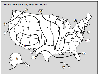 This diagram illustrates the annual average daily peak sun hours for the United States.png